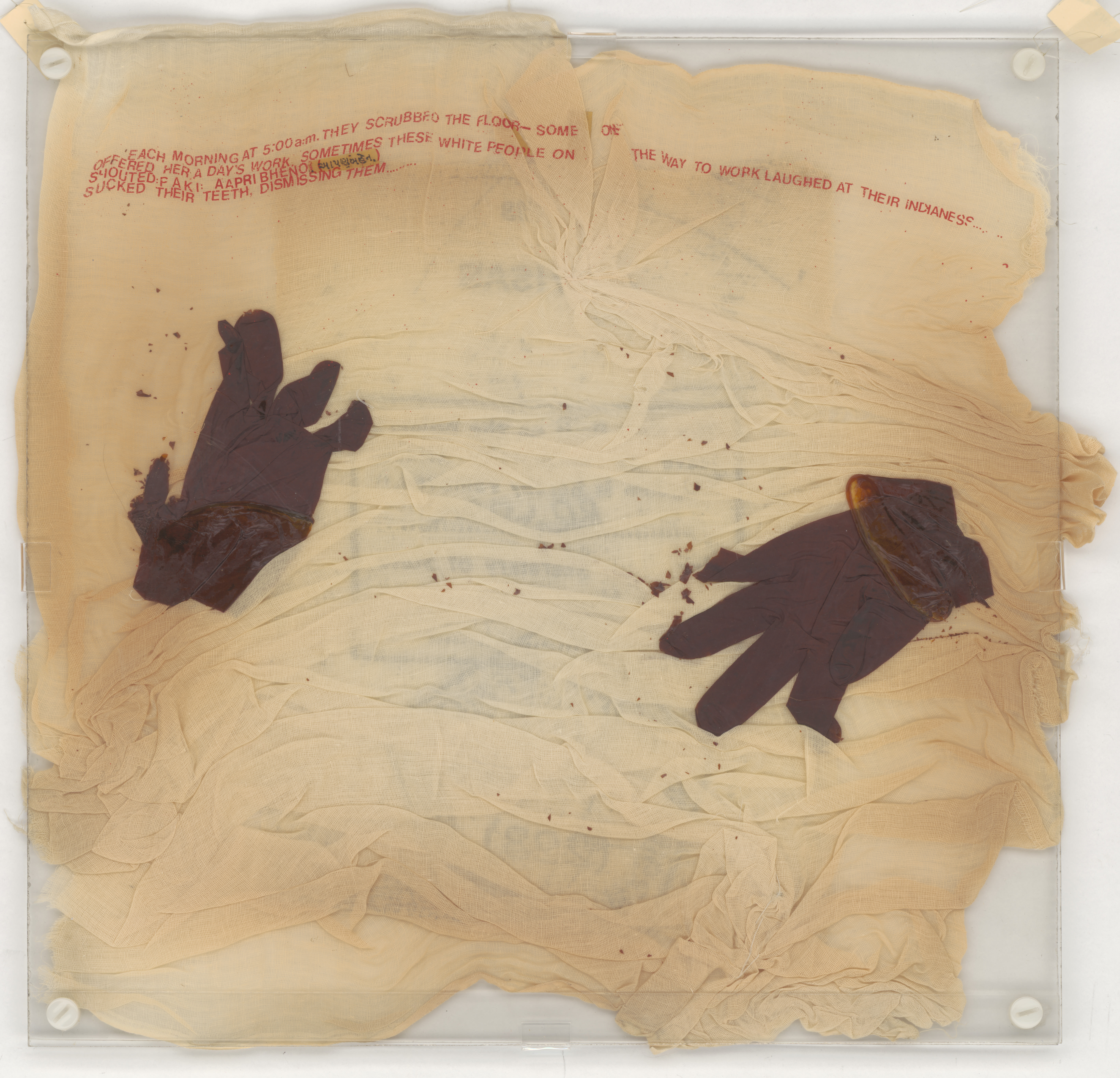 1987, installation consisting of eight hand-colored, gelatin-silver prints; text printed on muslin sandwiched between the photographs; latex gloves; Plexiglass; photocopied passports on the muslin; turmeric and chilli powder scattered on the floor, Perspex height: 49.7 cm, width: 50.8 cm, depth: 0.07 cm. Collection of Victoria and Albert Museum, London (PH.7208:4-1987).