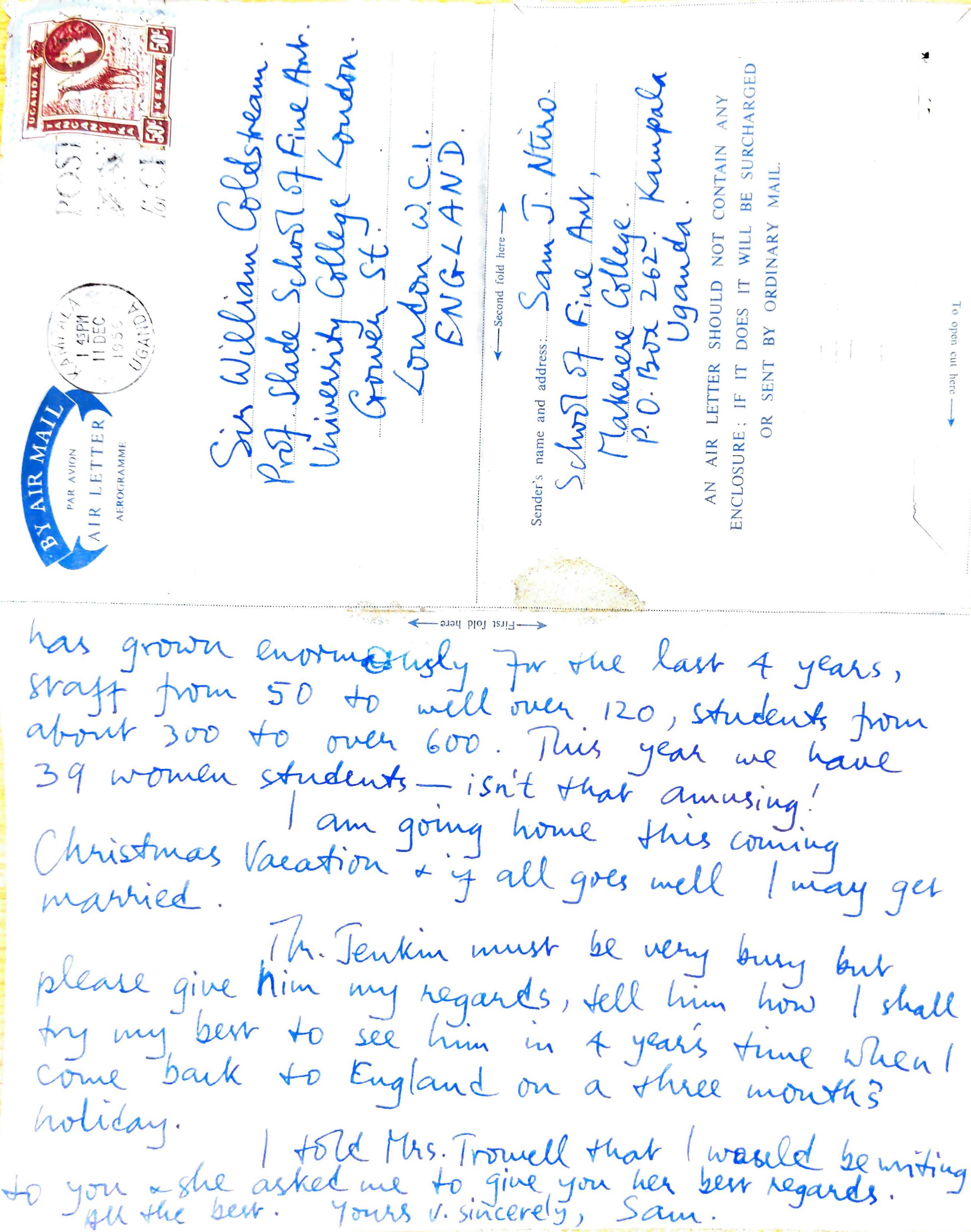 Letter from Sam Ntiro to William Coldstream