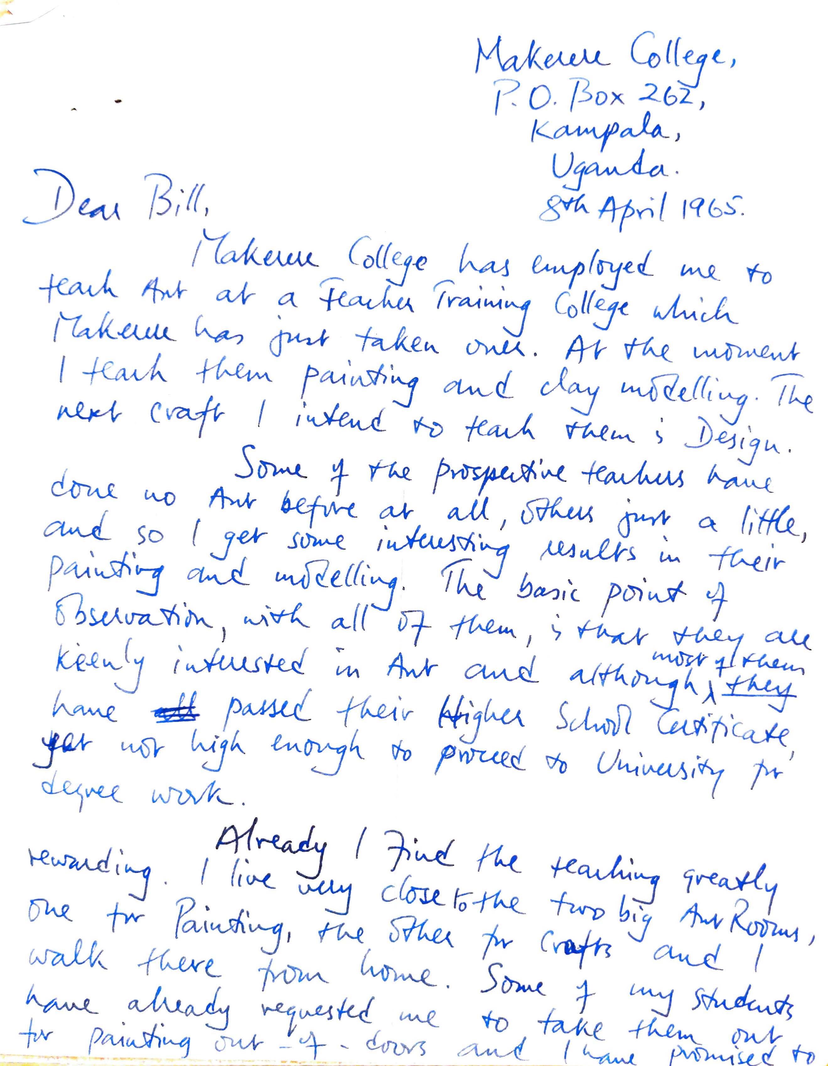 Letter from Sam Ntiro to William Coldstream (“Bill”)