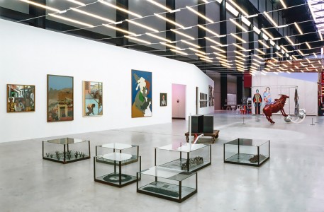 Installation of exhibition with works hung on walls and placed in vitrines