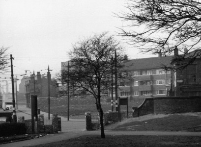 <i>new flats built on slum clearance land, taken from the grounds of Ancoats Hall</i>, 1960s. Collection of Manchester Libraries. 