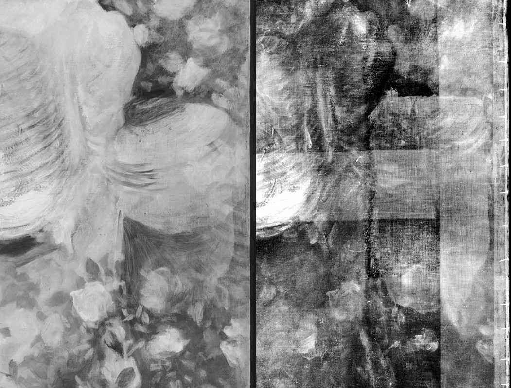 <i>showing position and shape alterations in infrared photograph and X-radiograph</i>, from <i>“Carnation, Lily, Lily, Rose”</i>, 1885–86, oil on canvas, 218.5 × 197 cm