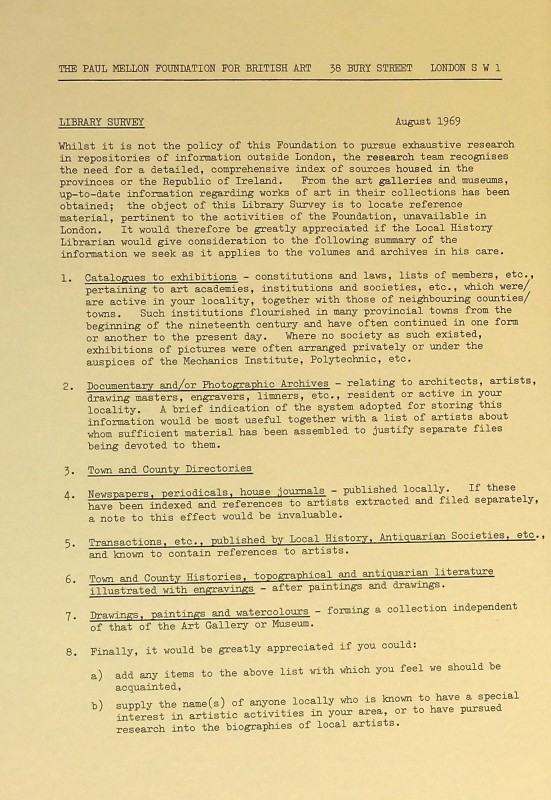 Library survey letter, (PMC35/2/3/2), PMC Institutional Archive, Paul Mellon Centre for Studies in British Art, London.
