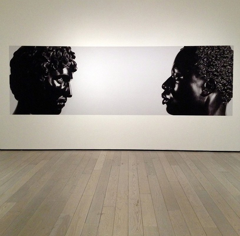 installation view of photograph of Antico [Pier Jacopo Alari-Bonacolsi], <i>Bust of a Young Man</i>, the J. Paul Getty Museum, Los Angeles; Francis Harwood, <i>Bust of a Man</i>, the J. Paul Getty Museum, Los Angeles. chromogenic print, 165.1 x 485.14 cm.